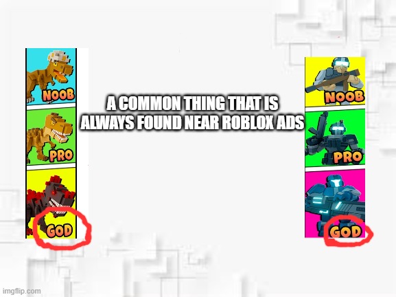 god?? | A COMMON THING THAT IS ALWAYS FOUND NEAR ROBLOX ADS | image tagged in funny memes | made w/ Imgflip meme maker