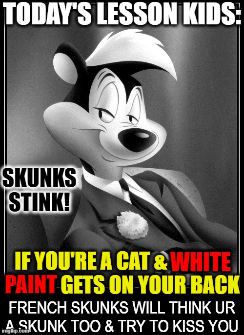 Hey, You Woke Idiots! | TODAY'S LESSON KIDS:; SKUNKS
STINK! WHITE; IF YOU'RE A CAT & WHITE
PAINT GETS ON YOUR BACK; PAINT; FRENCH SKUNKS WILL THINK UR
A SKUNK TOO & TRY TO KISS YOU | image tagged in vince vance,pepe le pew,woke,memes,skunks,stink | made w/ Imgflip meme maker