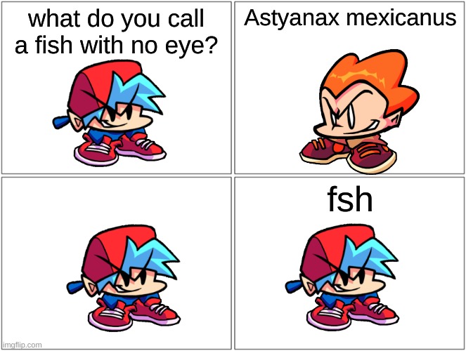 remember the goombas? | what do you call a fish with no eye? Astyanax mexicanus; fsh | image tagged in memes,blank comic panel 2x2 | made w/ Imgflip meme maker