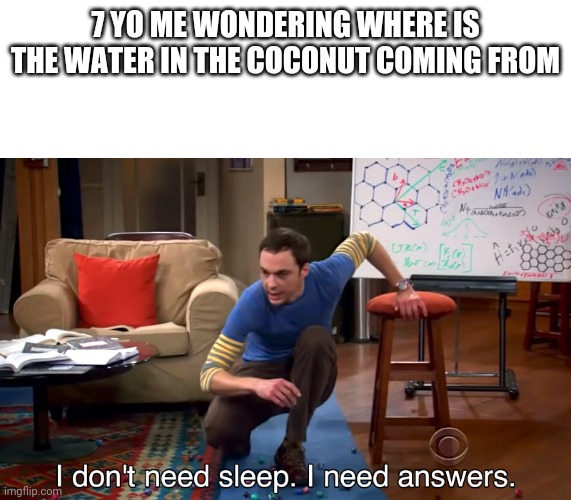 I Don't Need Sleep. I Need Answers | 7 YO ME WONDERING WHERE IS THE WATER IN THE COCONUT COMING FROM | image tagged in i don't need sleep i need answers | made w/ Imgflip meme maker
