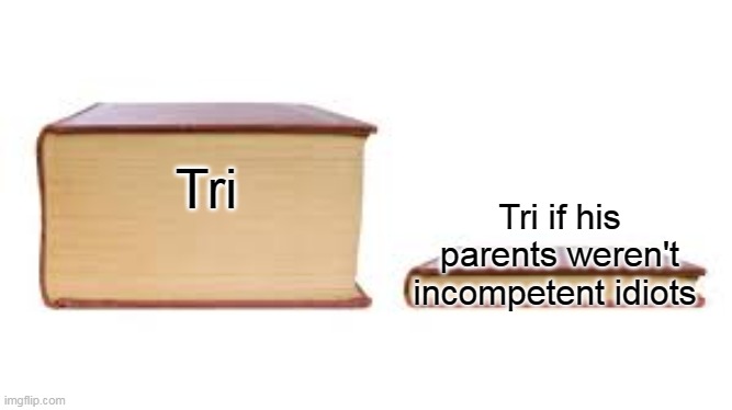 e | Tri if his parents weren't incompetent idiots; Tri | image tagged in big book small book | made w/ Imgflip meme maker