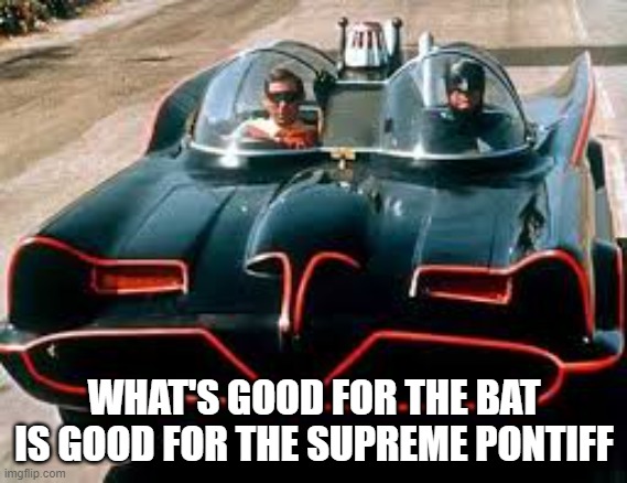 batmobile | WHAT'S GOOD FOR THE BAT
IS GOOD FOR THE SUPREME PONTIFF | image tagged in batmobile | made w/ Imgflip meme maker