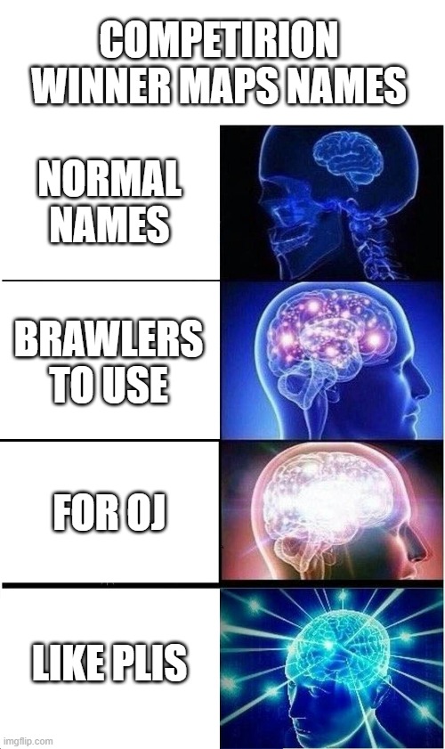 Random meme | COMPETIRION WINNER MAPS NAMES; NORMAL NAMES; BRAWLERS TO USE; FOR OJ; LIKE PLIS | image tagged in memes,expanding brain | made w/ Imgflip meme maker