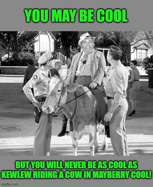 cool as kewlew | YOU MAY BE COOL; BUT YOU WILL NEVER BE AS COOL AS KEWLEW RIDING A COW IN MAYBERRY COOL! | image tagged in cow,kewlew | made w/ Imgflip meme maker