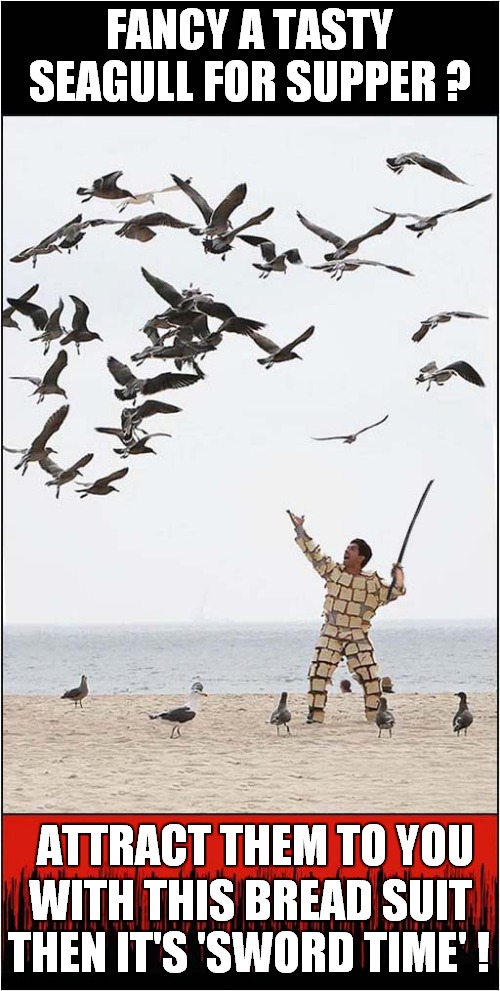 Seagull Supper | FANCY A TASTY SEAGULL FOR SUPPER ? ATTRACT THEM TO YOU; WITH THIS BREAD SUIT; THEN IT'S 'SWORD TIME' ! | image tagged in seagulls,bait,katana,dark humour | made w/ Imgflip meme maker