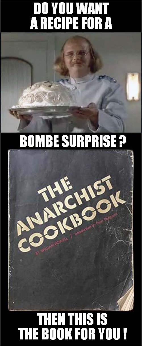 Baking With A Difference ! | DO YOU WANT A RECIPE FOR A; BOMBE SURPRISE ? THEN THIS IS THE BOOK FOR YOU ! | image tagged in anarchist,cook,book | made w/ Imgflip meme maker