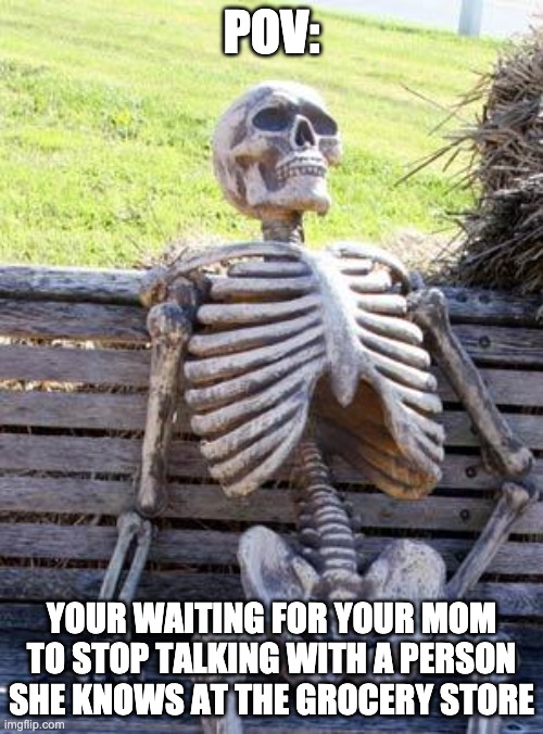 Waiting Skeleton |  POV:; YOUR WAITING FOR YOUR MOM TO STOP TALKING WITH A PERSON SHE KNOWS AT THE GROCERY STORE | image tagged in memes,waiting skeleton | made w/ Imgflip meme maker