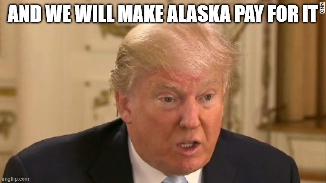 Trump Stupid Face | AND WE WILL MAKE ALASKA PAY FOR IT | image tagged in trump stupid face | made w/ Imgflip meme maker