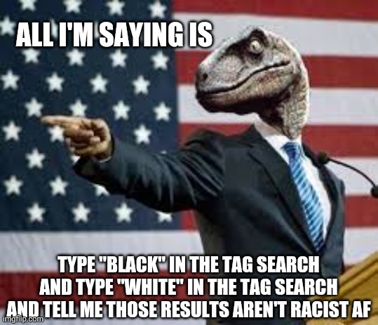 All I'm saying is, imgflip is low-key racist | ALL I'M SAYING IS; TYPE "BLACK" IN THE TAG SEARCH AND TYPE "WHITE" IN THE TAG SEARCH AND TELL ME THOSE RESULTS AREN'T RACIST AF | image tagged in president raptor,research,tags,racism | made w/ Imgflip meme maker
