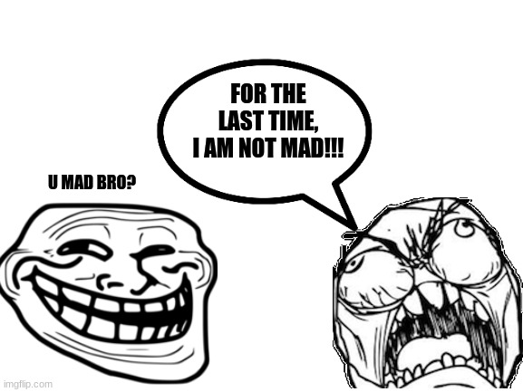 Blank White Template | FOR THE LAST TIME, I AM NOT MAD!!! U MAD BRO? | image tagged in blank white template | made w/ Imgflip meme maker