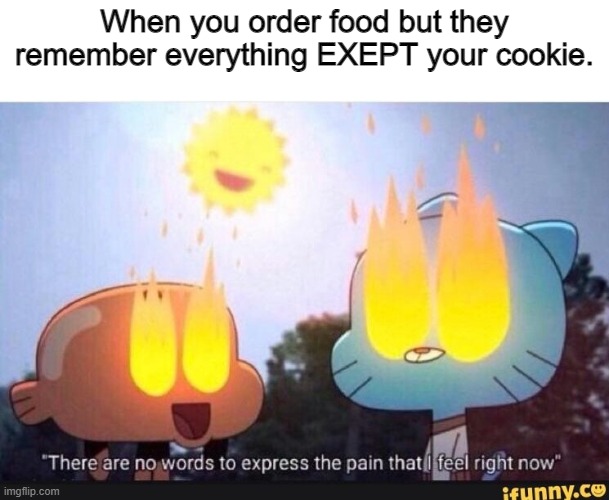 MAI COOOOOKKIEEEE | When you order food but they remember everything EXEPT your cookie. | image tagged in amazing world of gumball | made w/ Imgflip meme maker