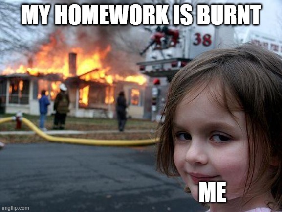 Disaster Girl Meme | MY HOMEWORK IS BURNT; ME | image tagged in memes,disaster girl | made w/ Imgflip meme maker