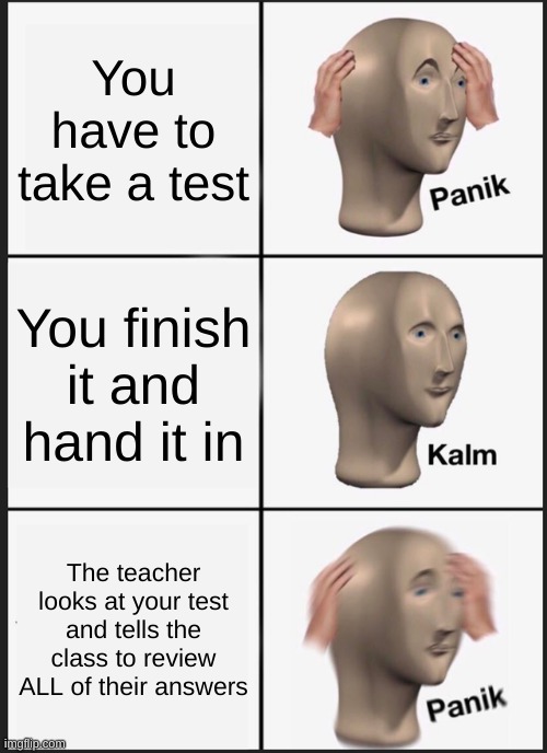 Sadness and depression | You have to take a test; You finish it and hand it in; The teacher looks at your test and tells the class to review ALL of their answers | image tagged in memes,panik kalm panik | made w/ Imgflip meme maker