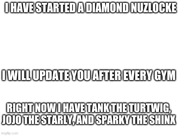 Blank White Template | I HAVE STARTED A DIAMOND NUZLOCKE; I WILL UPDATE YOU AFTER EVERY GYM; RIGHT NOW I HAVE TANK THE TURTWIG, JOJO THE STARLY, AND SPARKY THE SHINX | image tagged in blank white template | made w/ Imgflip meme maker