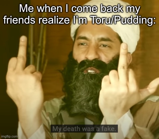 my death was a fake | Me when I come back my friends realize I’m Toru/Pudding: | image tagged in my death was a fake | made w/ Imgflip meme maker