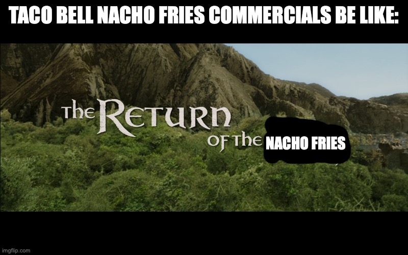 Return Of The King | TACO BELL NACHO FRIES COMMERCIALS BE LIKE:; NACHO FRIES | image tagged in return of the king | made w/ Imgflip meme maker