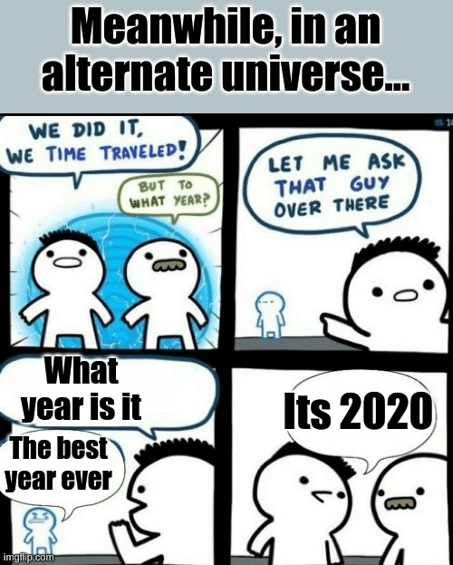 I wish we lived in that universe | Meanwhile, in an alternate universe... Its 2020; What year is it; The best year ever | image tagged in time travelled but to what year,2020 sucks,2020,time travel | made w/ Imgflip meme maker