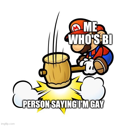 Mario Hammer Smash Meme | ME WHO'S BI PERSON SAYING I'M GAY | image tagged in memes,mario hammer smash | made w/ Imgflip meme maker