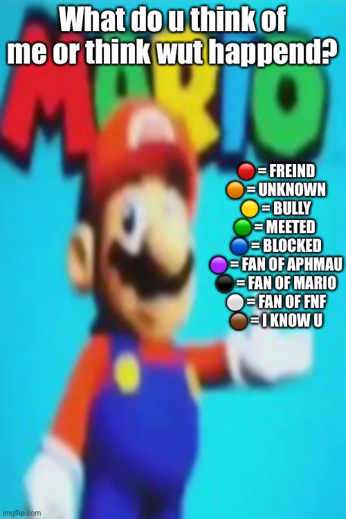 YAHOOOOOO | What do u think of me or think wut happend? 🔴 = FREIND
🟠 = UNKNOWN
🟡 = BULLY
🟢 = MEETED 
🔵 = BLOCKED
🟣 = FAN OF APHMAU
⚫️ = FAN OF MARIO
⚪️ = FAN OF FNF
🟤 = I KNOW U | image tagged in yahoooooo | made w/ Imgflip meme maker