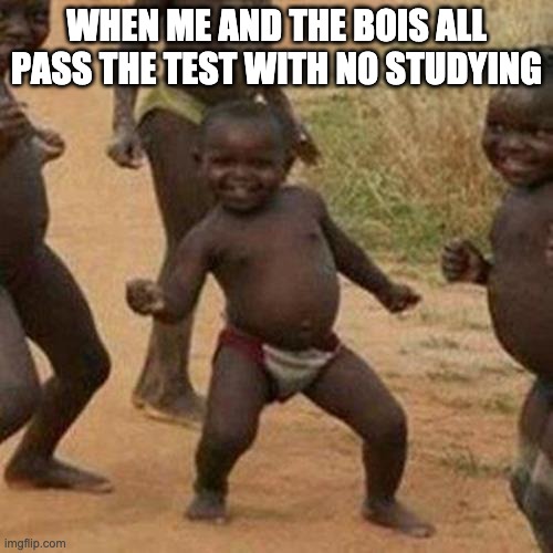 Third World Success Kid | WHEN ME AND THE BOIS ALL PASS THE TEST WITH N0 STUDYING | image tagged in memes,third world success kid | made w/ Imgflip meme maker