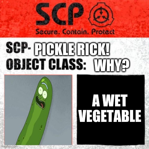 SCP Label Template: Keter | PICKLE RICK! WHY? A WET VEGETABLE | image tagged in scp label template keter | made w/ Imgflip meme maker