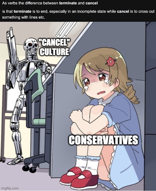 James Cameron and Gale Anne Hurd were prophets | "CANCEL"
CULTURE; CONSERVATIVES | image tagged in anime girl hiding from terminator,cancel culture,definition,political meme,liberal vs conservative | made w/ Imgflip meme maker