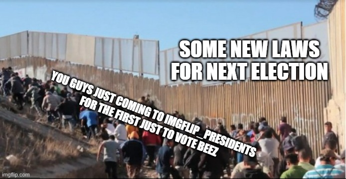 Other than guys like Legion who came like a week or two before the election, all of you came for the first time just to vote Bee | SOME NEW LAWS FOR NEXT ELECTION; YOU GUYS JUST COMING TO IMGFLIP_PRESIDENTS FOR THE FIRST JUST TO VOTE BEEZ | image tagged in illegal immigrants,election | made w/ Imgflip meme maker
