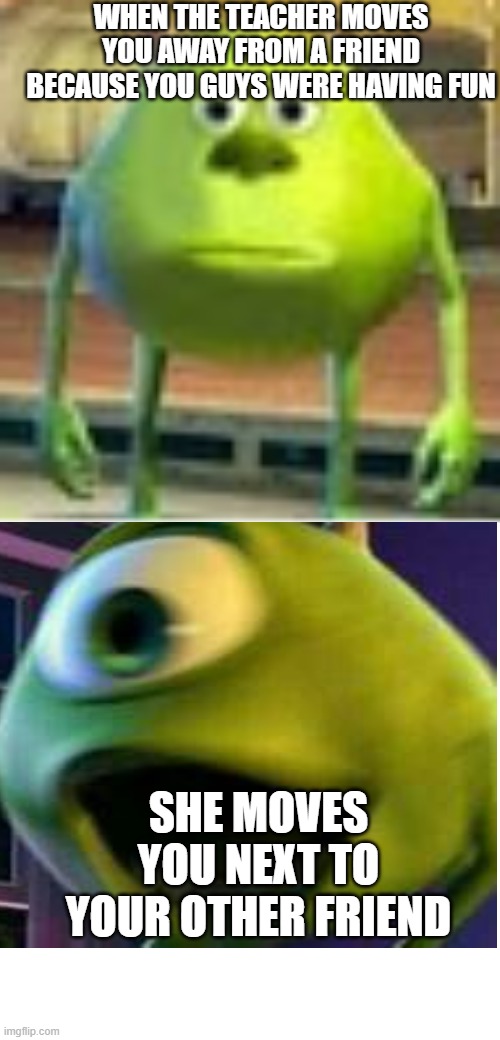 Failed succesfully. | WHEN THE TEACHER MOVES YOU AWAY FROM A FRIEND BECAUSE YOU GUYS WERE HAVING FUN; SHE MOVES YOU NEXT TO YOUR OTHER FRIEND | image tagged in sully wazowski,derp,facts | made w/ Imgflip meme maker