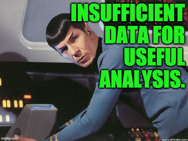 Spock | INSUFFICIENT DATA FOR
USEFUL ANALYSIS. | image tagged in spock | made w/ Imgflip meme maker