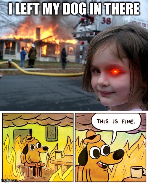 The ultimate crossover. | I LEFT MY DOG IN THERE | image tagged in memes,disaster girl,this is fine,funny,crossover | made w/ Imgflip meme maker
