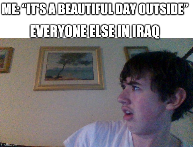 .... | ME: “IT'S A BEAUTIFUL DAY OUTSIDE”; EVERYONE ELSE IN IRAQ | image tagged in wtf guy | made w/ Imgflip meme maker