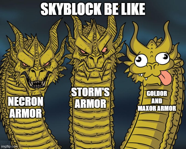 Skyblock meme | SKYBLOCK BE LIKE; STORM'S ARMOR; GOLDOR AND MAXOR ARMOR; NECRON ARMOR | image tagged in three-headed dragon | made w/ Imgflip meme maker