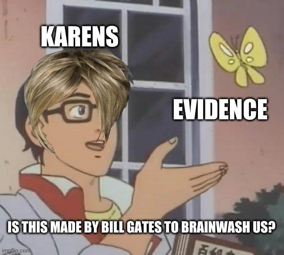 Is This A Pigeon Meme | KARENS; EVIDENCE; IS THIS MADE BY BILL GATES TO BRAINWASH US? | image tagged in memes,is this a pigeon | made w/ Imgflip meme maker