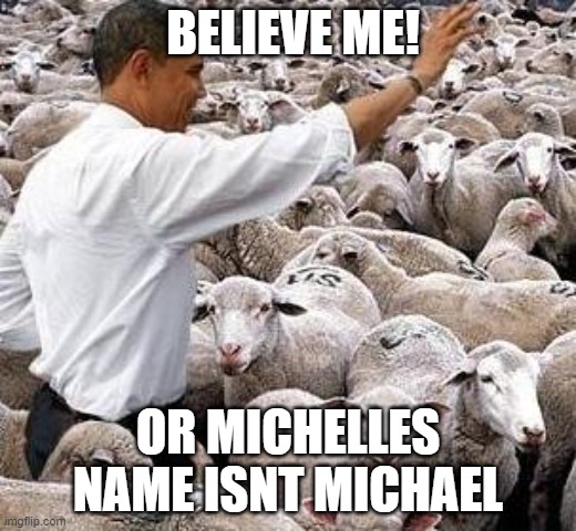 obama sheep | BELIEVE ME! OR MICHELLES NAME ISNT MICHAEL | image tagged in obama sheep | made w/ Imgflip meme maker