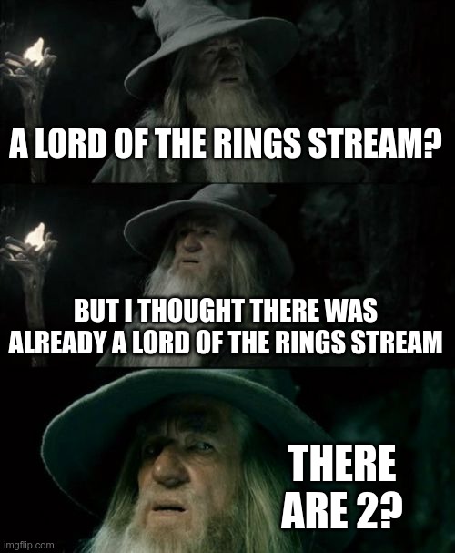 Interesting |  A LORD OF THE RINGS STREAM? BUT I THOUGHT THERE WAS ALREADY A LORD OF THE RINGS STREAM; THERE ARE 2? | image tagged in memes,confused gandalf,2 streams | made w/ Imgflip meme maker