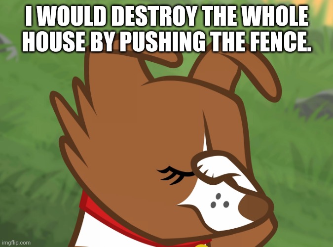 Winona Facepaw (MLP) | I WOULD DESTROY THE WHOLE HOUSE BY PUSHING THE FENCE. | image tagged in winona facepaw mlp | made w/ Imgflip meme maker