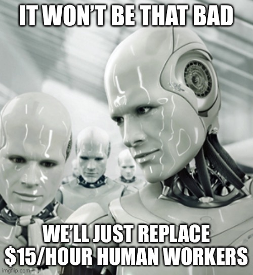 Robots Meme | IT WON’T BE THAT BAD WE’LL JUST REPLACE $15/HOUR HUMAN WORKERS | image tagged in memes,robots | made w/ Imgflip meme maker
