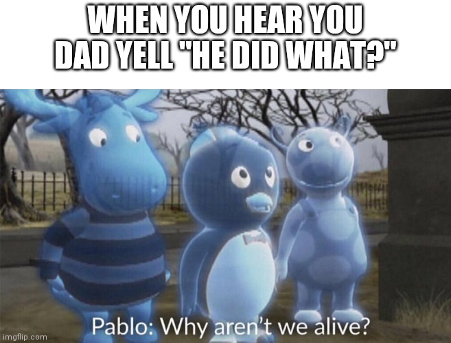 oh god | WHEN YOU HEAR YOU DAD YELL "HE DID WHAT?" | image tagged in pablo why aren't we alive | made w/ Imgflip meme maker