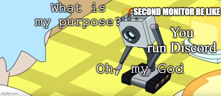 Butter Robot Discord | What is my purpose? SECOND MONITOR BE LIKE; You run Discord; Oh, my God | image tagged in rick and morty,discord | made w/ Imgflip meme maker