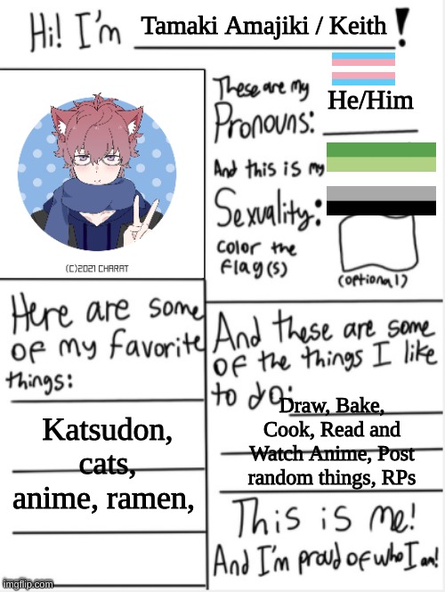 Me | Tamaki Amajiki / Keith; He/Him; Draw, Bake, Cook, Read and Watch Anime, Post random things, RPs; Katsudon, cats, anime, ramen, | image tagged in this is me | made w/ Imgflip meme maker