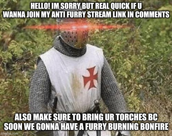 Growing Stronger Crusader | HELLO! IM SORRY BUT REAL QUICK IF U WANNA JOIN MY ANTI FURRY STREAM LINK IN COMMENTS; ALSO MAKE SURE TO BRING UR TORCHES BC SOON WE GONNA HAVE A FURRY BURNING BONFIRE | image tagged in growing stronger crusader | made w/ Imgflip meme maker