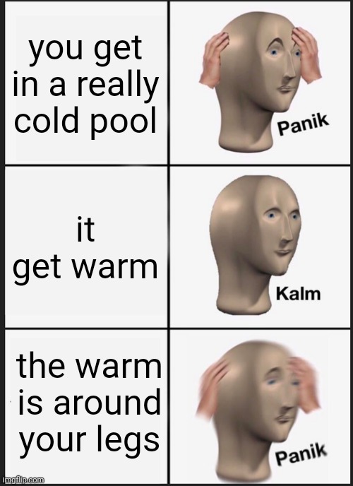 and you pissed yourself | you get in a really cold pool; it get warm; the warm is around your legs | image tagged in memes,panik kalm panik | made w/ Imgflip meme maker