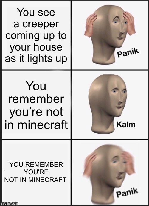 Man? Aw creeper | You see a creeper coming up to your house as it lights up; You remember you’re not in minecraft; YOU REMEMBER YOU'RE NOT IN MINECRAFT | image tagged in memes,panik kalm panik | made w/ Imgflip meme maker