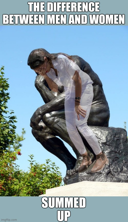 The Thinker/The Cryer. | THE DIFFERENCE BETWEEN MEN AND WOMEN; SUMMED UP | image tagged in the thinker,crying,aoc stumped | made w/ Imgflip meme maker