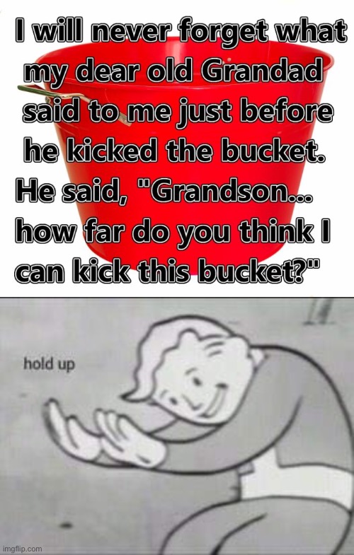 Wow | image tagged in fallout hold up,kick the bucket,expressions,dark humor | made w/ Imgflip meme maker