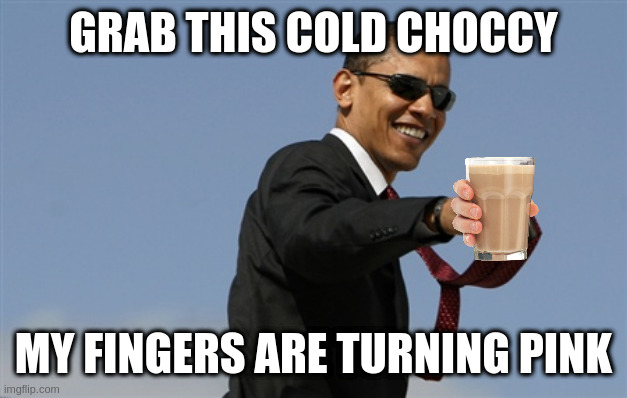 Cool Obama | GRAB THIS COLD CHOCCY; MY FINGERS ARE TURNING PINK | image tagged in memes,cool obama | made w/ Imgflip meme maker