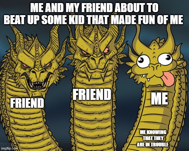 that kid better run | ME AND MY FRIEND ABOUT TO BEAT UP SOME KID THAT MADE FUN OF ME; FRIEND; ME; FRIEND; ME KNOWING THAT THEY ARE IN TROUBLE | image tagged in three-headed dragon | made w/ Imgflip meme maker