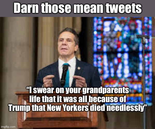 This guy is the TDS poster boy | Darn those mean tweets; “I swear on your grandparents life that it was all because of Trump that New Yorkers died needlessly” | image tagged in andrew cuomo,stupid people,memes,politics suck,garbage,liar | made w/ Imgflip meme maker