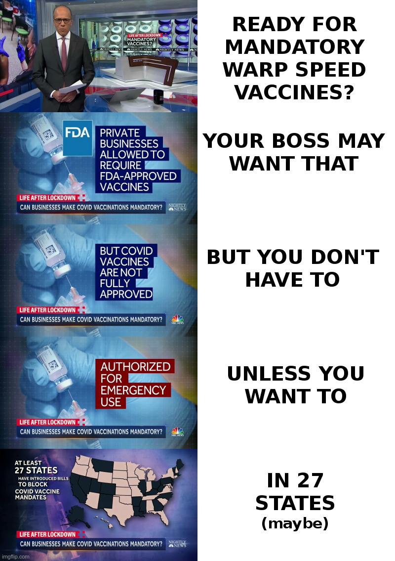 NBC Covers Warp Speed Covid Vaccines | image tagged in nbc,covid,warp speed,vaccines,mandatory | made w/ Imgflip meme maker
