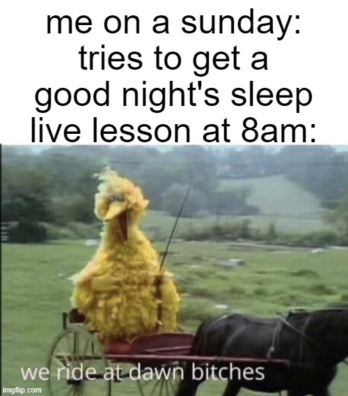 frick online school | me on a sunday: tries to get a good night's sleep
live lesson at 8am: | image tagged in we ride at dawn bitches,memes | made w/ Imgflip meme maker